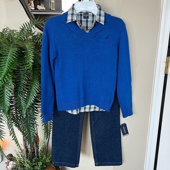 Brand New Nautica 3-Piece Set Blue Sweater Button Up Plaid Shirt Dark Wash Jeans - Picture 1 of 15